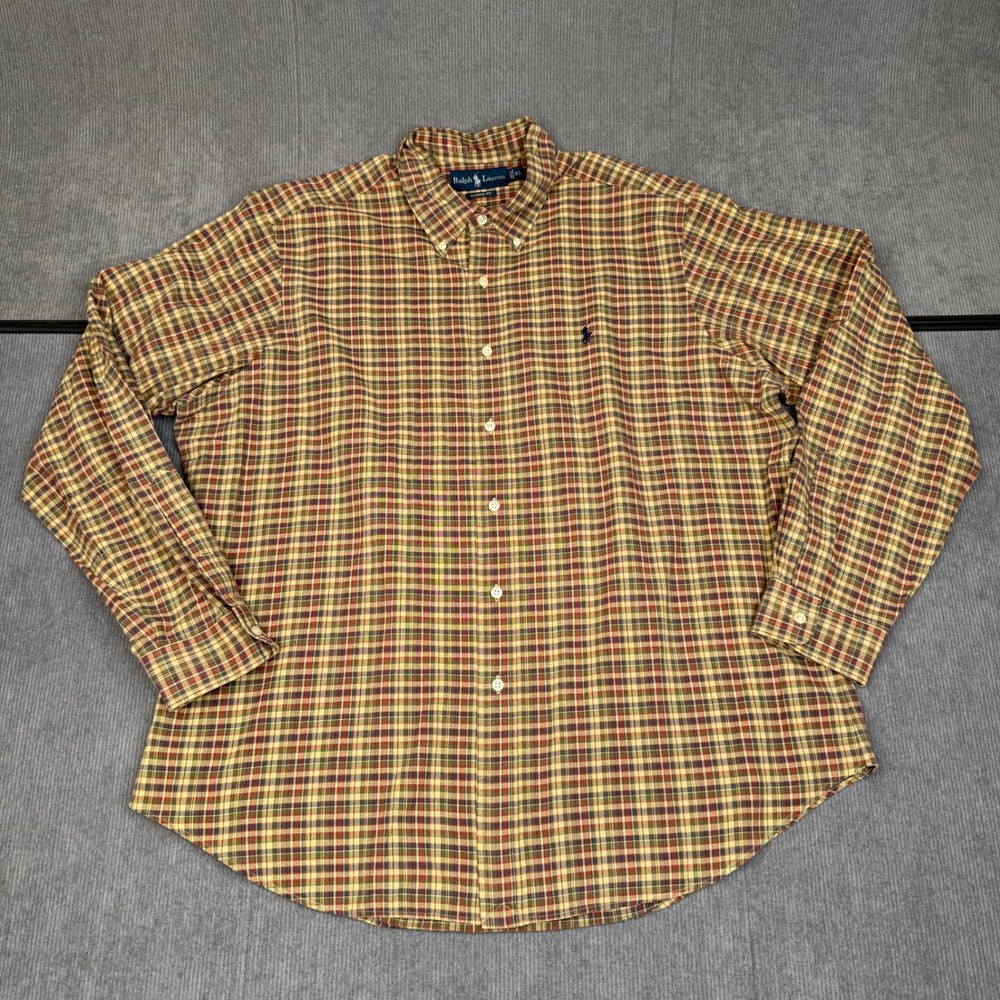 Vintage Ralph Lauren Classic Fit XL Plaid Button Down Shirt Tan Burgundy Green